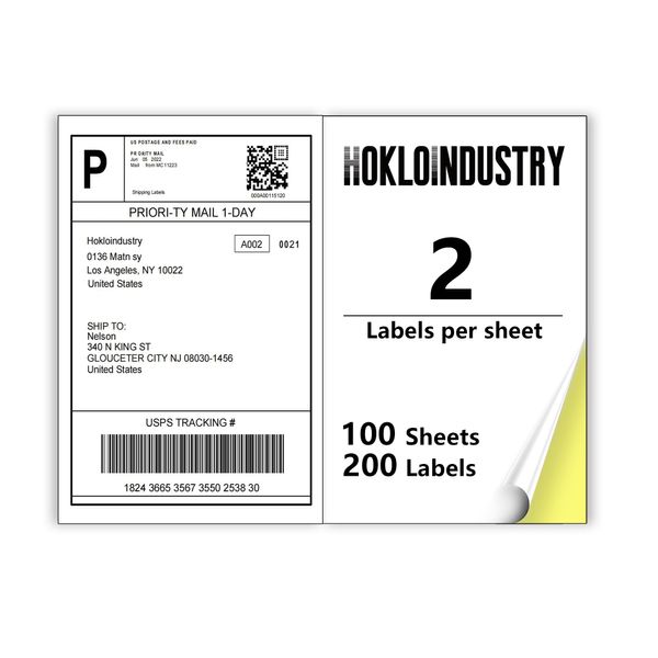 HokLoindustry Half Sheet Labels(100 Sheet,200 Labels),Printable White Shipping Labels for Laser/Inkjet Printer,8.5"x5.5" Half Sheet Shipping Labels 2 per Sheet,Permanent Adhesive Commercial Grade