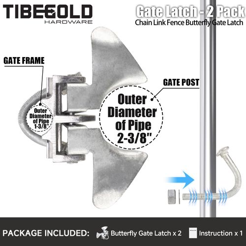TIBEGOLD Chain Link Fence Butterfly Gate Latch, Galvanized Automatic 2 Way Lockable Gate Latch for 1-3/8" Gate Frame and 2-3/8" Gate Post, Fence Gate Latch with Padlock Hole, Silver, 2 Pack