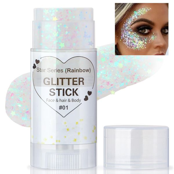 HOSAILY Clear White Body Glitter Stick, Face Glitter Gel Singer Concerts Festival Rave Accessories, Mermaid Sequin Hair Glitter Face Paint Makeup Chunky Sparkling Body Shimmer Glitter for Women, 01#