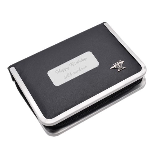English Pewter Blacksmiths Anvil Design Black Leatherette Manicure Set with Personalised Engraved Message