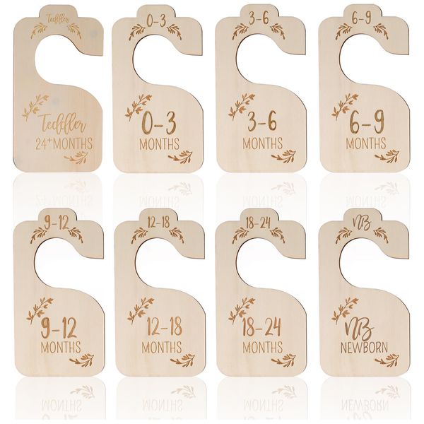 Famini Wood Baby Wardrobe Dividers, 8 Pieces Double-Sided Beautiful Month Wooden Baby Closet Dividers Organizers, Closet Organisers Hangers for Baby Shower Nurser Gift from Newborn to 24 Month