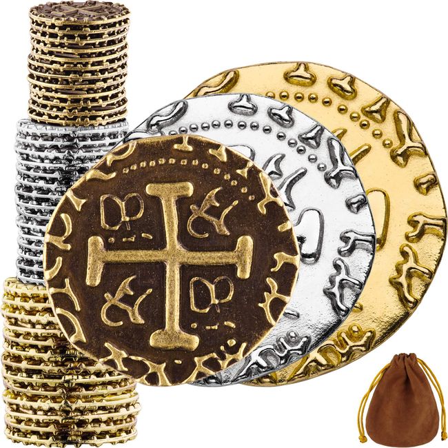 Pirate Coins - 36 Bronze, Silver & Gold Treasure Coin Set, Metal Replica Spanish Doubloons for Board Games, Tokens, Cosplay - Realistic Money Imitation, Pirate Treasure Chest, M, L, XL Sizes Mix