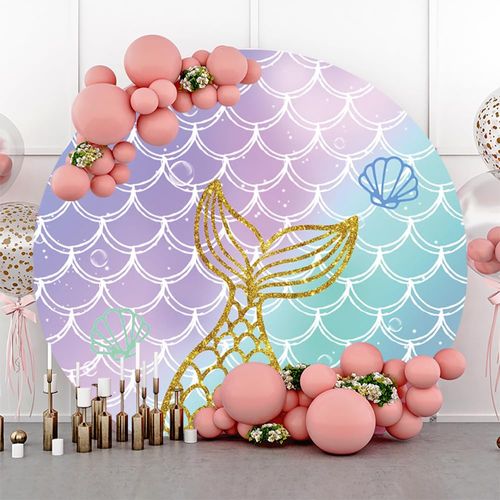 AOFOTO 7x7ft Mermaid Scales Round Backdrop Cover Fabric for Photography Purple Blue Fish Scales Golden Tail Background Girls Birthday Party Personalized Baby Shower Decorations Photobooth Props