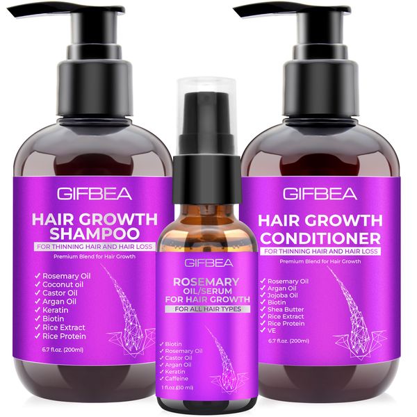 GIFBEA Hair Growth Shampoo and Conditioner Set W/Rosemary Oil Serum for Hair Growth,Biotin Argan Oil Castor Oil Coconut Keratin Rice Water Hair Loss Shampoo,Hair Thickening Treatment for Women Men