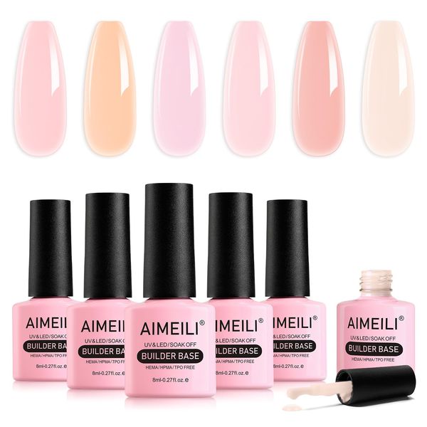 AIMEILI 8 in 1 Builder Nail Gel Set, 6pcs Sheer Color Hard Gel Builder Base Nail Strengthening Gel Nail Extension False Nail Tips Glue Gel in a Bottle, UV LED Gel Polish 8ML Kit 35