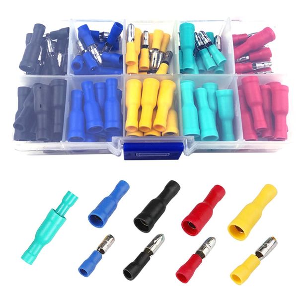 Electrical Connectors, 100Pcs Insulated Male and Female Bullet Butt Connectors Electrical Crimps Connectors Straight Wire Terminal Connectors (Red, Yellow, Blue, Green, Black, 3 Different Sizes)