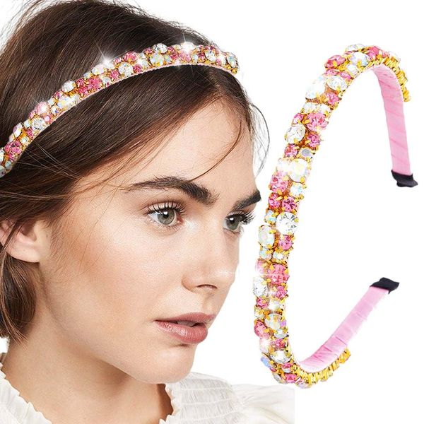 Firuilo Pink Rhinestones Head Band Bling Crystal Thin Headbands Bejeweled Bride Weeding Party Hair Accessories for Women