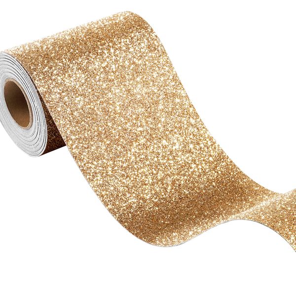 FunStick Champagne Gold Glitter Wallpaper Border Peel and Stick Removable Wall Border Trim Self Adhesive Gold Wallpaper Borders for Bedroom Bulletin Board Sparkle Glitter Contact Paper Decor 3.9"x200"