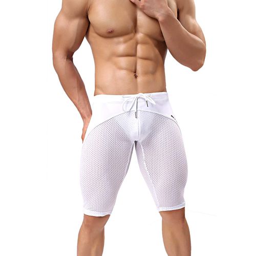 MIZOK Men's Yoga Capris Mesh Quick Dry Swimwear Workout Shorts(White,M)
