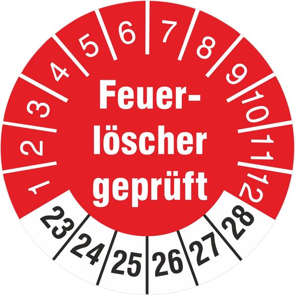 50 Stück Feuerlöscher geprüft 30 mm rund Prüfplaketten Prüfetiketten Prüfaufkleber türkis 2023-2028