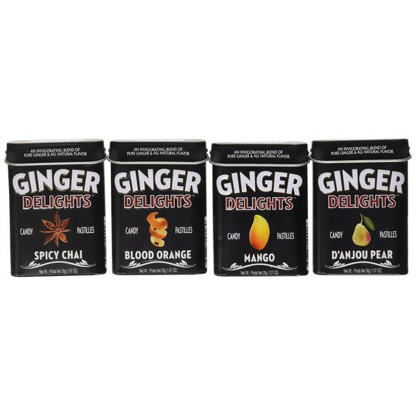 Big Sky Ginger Delights - Spiced Chai, Blood Orange, Mango, and D'Anjou Pear - Variety 4 Pack - Naturally Flavored Ginger Mints in Resealable Metal Tin