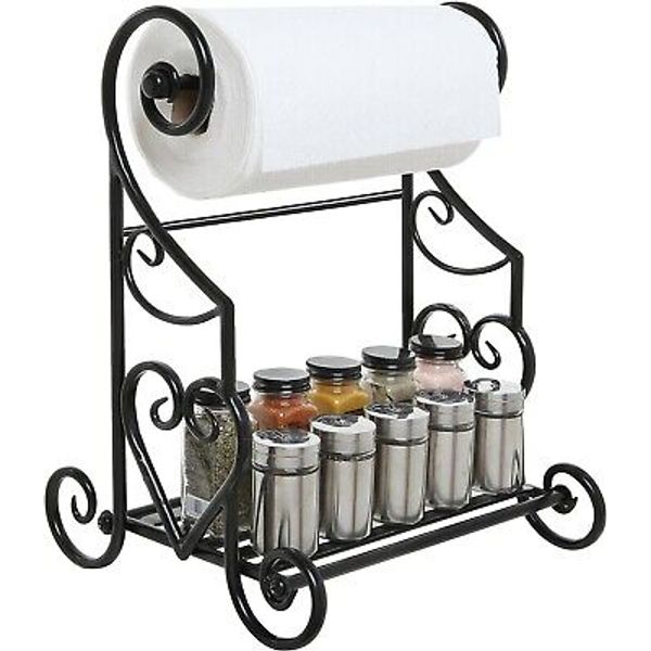 Black Metal Scrollwork Design Paper Towel Holder Stand for Kitchen, Shelf Rack