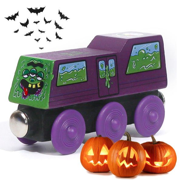 ZANY TRAINS Toddler Halloween Toys - Toxic Ted - Wooden Train Set with Cargo - Compatible with All Wooden Train Sets - Wooden Train Cars - Boo Basket Stuffers - Spooky Puzzle Gifts for Kids