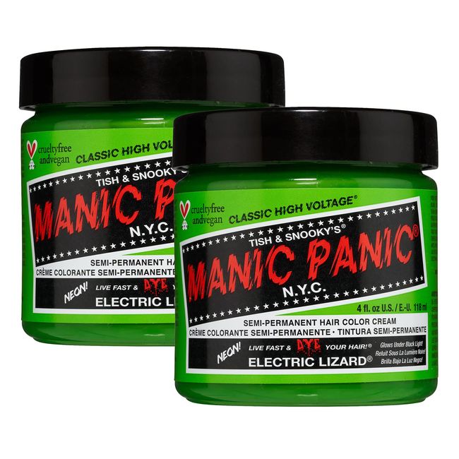 Manic Panic Electric Lizard Hair Dye - Classic High Voltage - (2PK) Semi Permanent Hair Color - Neon Lime Green - Glows in Blacklight - Vegan, PPD & Ammonia-Free - For Coloring Hair on Women & Men