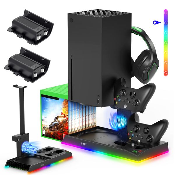 Upgrade Stand for Xbox Series X with Back Cooling Fan& RGB Lights, Charging Station with Controller Charger Dock &Game Storage Rack Organizer& Headset Stand with 2X1400 mAh Rechargeable Battery Pack