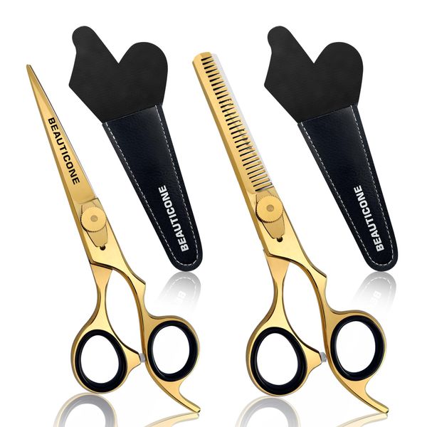 BEAUTICONE Hair Cutting & Thinning Scissors Set | 6.5 Inch Stainless Steel Barber Scissors/Shears | Hairdressing Scissors | Smooth & Sharp Edge Blades, Razor Edge - for Men/Women (Gold)