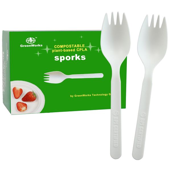 GreenWorks Compostable CPLA Sporks,100 Count 5.5" Disposable Cutlery Spork (Spoon Fork)