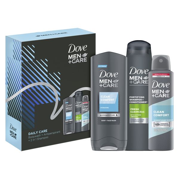 Dove Men+Care Daily Care Trio body wash, 2-in-1 shampoo & conditioner and anti-perspirant in a stylish gift box Gift Set perfect gifts for him