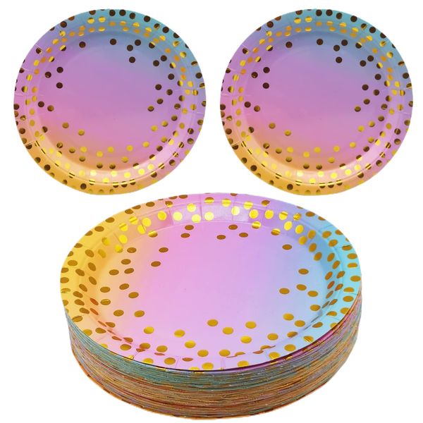 CEILIWEN Rainbow Colors Party Plates, 50 Pack 7 inch Colorful Party Paper Plates, Round Disposable Plates Dishes, Polka Dots Dessert Plates, Kids Party Plates (Rainbow Party Plates-50PCS)