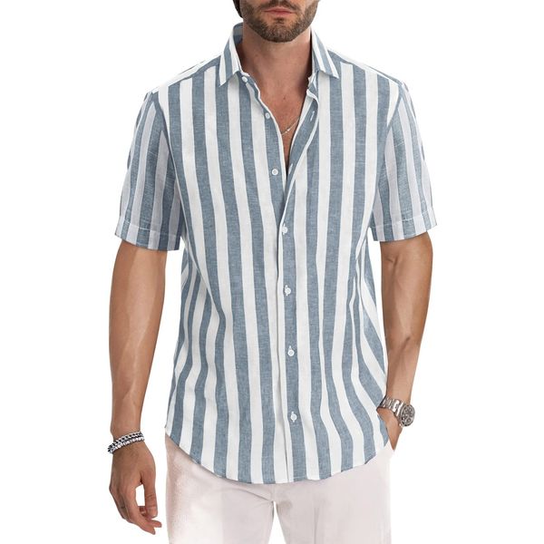 Meilicloth Men's Short Sleeve Shirts Summer Striped Casual Shirt Button Down Regular Fit Tops, Top for Long Lasting Comfort White Grey