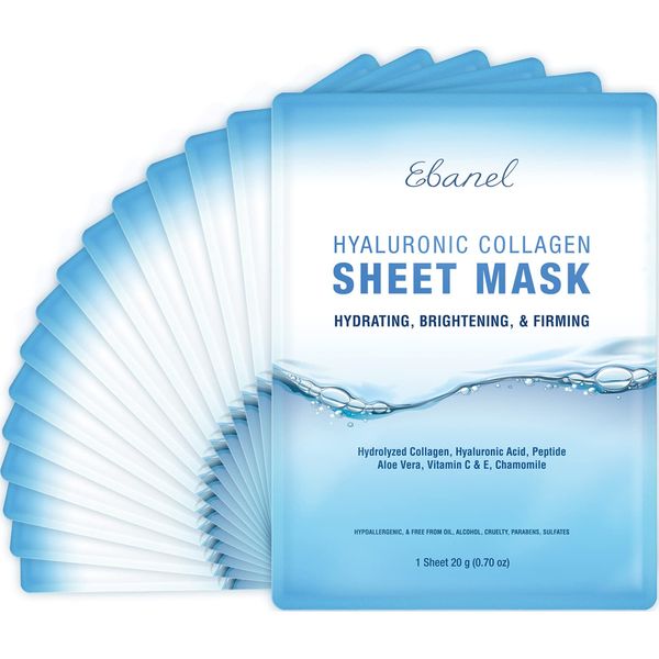 Ebanel 15 Pack Collagen Peptide Hydrating Face Masks, Instant Brightening Firming Anti Aging Face Sheet Masks, Moisturizing Spa Face Masks Skincare with Hyaluronic Acid, Vitamin C, Chamomile, Aloe