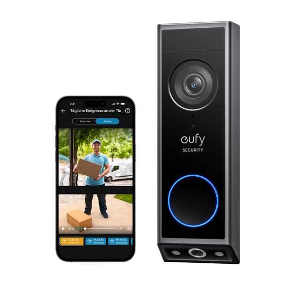 eufy Security Video türklingel E340, Dual türklingel mit Kamera mit Paketerkennung, 2K Full HD Farb-Nachtsicht, Kabel- oder Akkubetrieben, kompatibel mit HomeBase S380, Gebührenfreie Nutzung