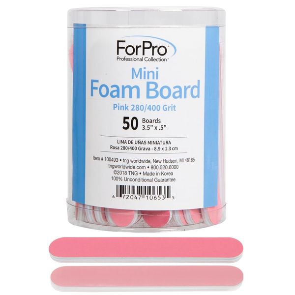 ForPro Mini Foam Board, Double-Sided Nail File, 280/400 Grit, 3.5” L x .5” W, Pink, 50-Count