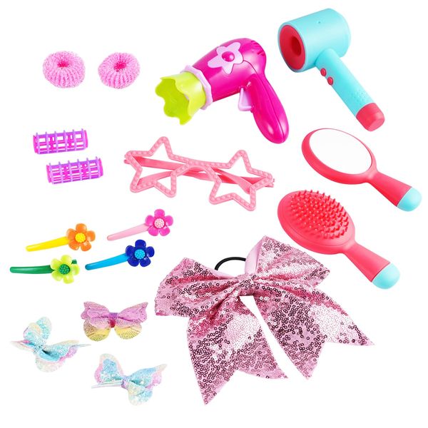 BABESIDE 17 Pcs Pretend Hair Salon Toys for Girls, Reborn Baby Doll Hair Accessories Kids Hair Salon Playset with Toy Hair Dryer Bow Hair Tie Hair Clips Toy for Kids Pretend Play Toys