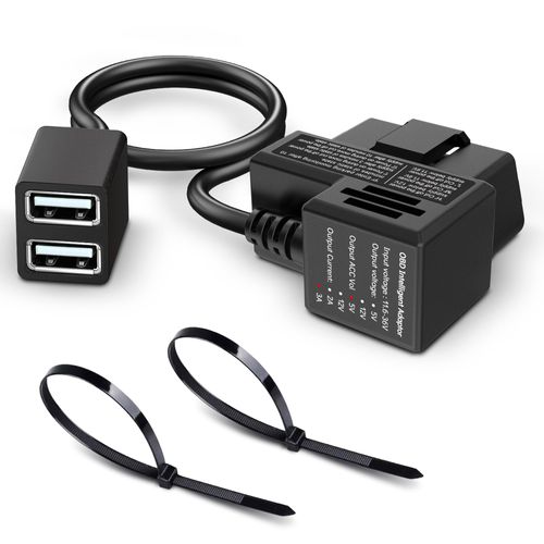 OBD Constant Power Cable for Garmin Dash Cam，OBD-II Adapter Cable with Dual USB Ports,24 Hours Surveillance/Acc Mode with Low Voltage Protection 11.6-36V to 5V 3A，Compatible Garmin DashCam 46 47 56etc