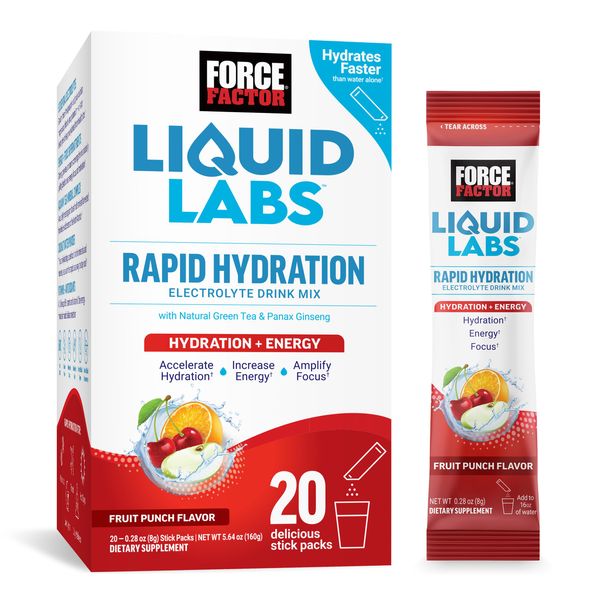 FORCE FACTOR Liquid Labs Energy Drink, Electrolytes Powder, Hydration Packets to Boost Energy & Focus, 5 Essential Electrolytes, Vitamins, Minerals, & Antioxidants, Fruit Punch Flavor, 20 Stick Packs