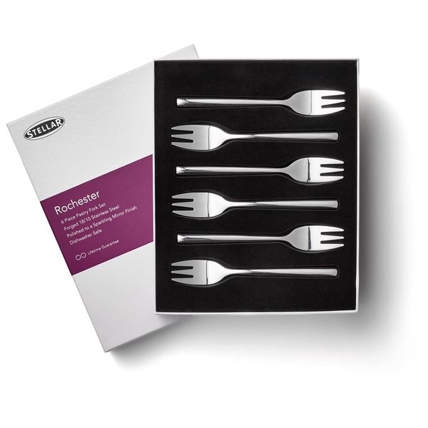 Stellar Rochester 6 Piece Stainless Steel Pastry Fork Set for 6 Place Setting, Gift Box, Dishwasher Safe