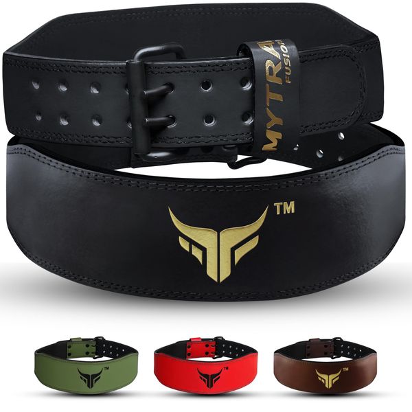 Mytra Fusion Weight Lifting Belt Double Prong Buckle Power Lifting Back Support Belt 100% Leather Gym Belts for Weightlifting Weight Lifting Belts for Men Women, Powerlifting, Strength Training, Squat