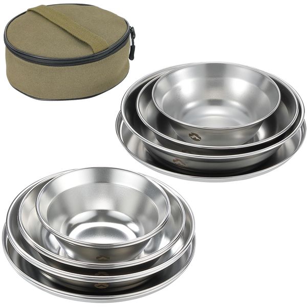 Camping Moon S395-3S Tableware, Camping Plate, Stainless Steel Tableware Set, 12 Pieces, with Canvas Case