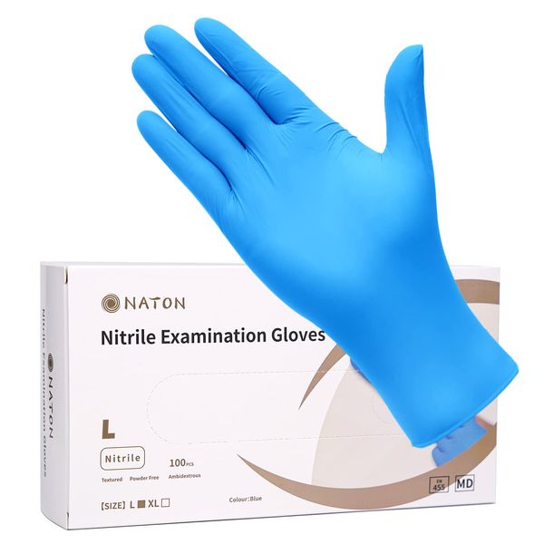 NATON Einmalhandschuhe Groß Puderfrei Nitrilhandschuhe - 100 Stück/Box Blau Nitril Einweghandschuhe,Ohne Latex, Unsteril, Latexfrei,Handschuhe Einweg, Latexhandschuhe, Disposible Glove (L)