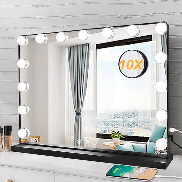 Depuley Vanity Mirror with Lights, 23In Hollywood Lighted Makeup Mirror with Smart Touch Switch, Large Vanity Makeup Mirror with 15 Dimmable LED Bulbs for Dressing Room, Bedroom, Tabletop, Black