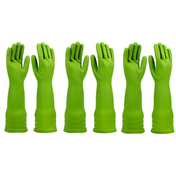 YSLON Rubber Dishwashing Glove Kitchen Cleaning Gloves 3-Pairs,Waterproof Reuseable.(Green,Medium)