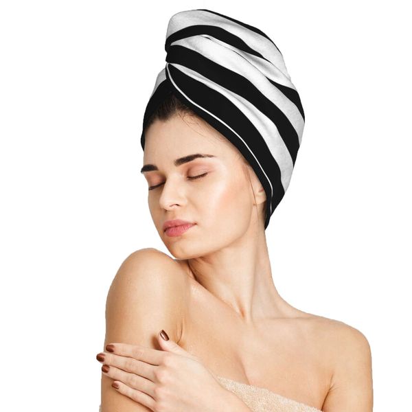 famliihw Black and White Stripe Hair Towel Wrap Microfiber Fast Drying Hair Turban with Buttons for Women Men Drying Curly, Long & Thick Hair