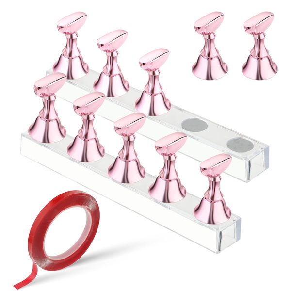 Qianyu Nail Art Stand Magnetic Acrylic Fake Nail Holder Press Nail Display Design False Nail Practice Stand Kit with Double Sided Tape DIY Salon Supplies for Nail Art Beginners