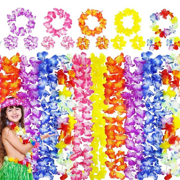 Hawaiian Leis, 24PCS Garland Flower Leis, Tropical Hawaiian Party Necklace, Headbands and Wristbands, Kids and Adults luau Party Supplies Decorations, Summer Beach Party Favors, Birthday, Easter