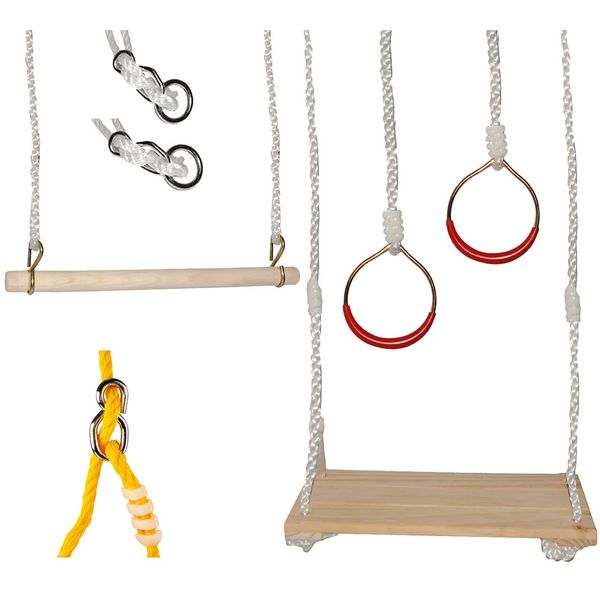 alles-meine.de GmbH 6 TLG. Turnschaukel Set Schaukel aus Holz & Ringe & Trapez & 2 Seile/Kinderschaukel - Höhen verstellbar - Turngeräte - Holzschaukel Kinder - Sport für Inn..
