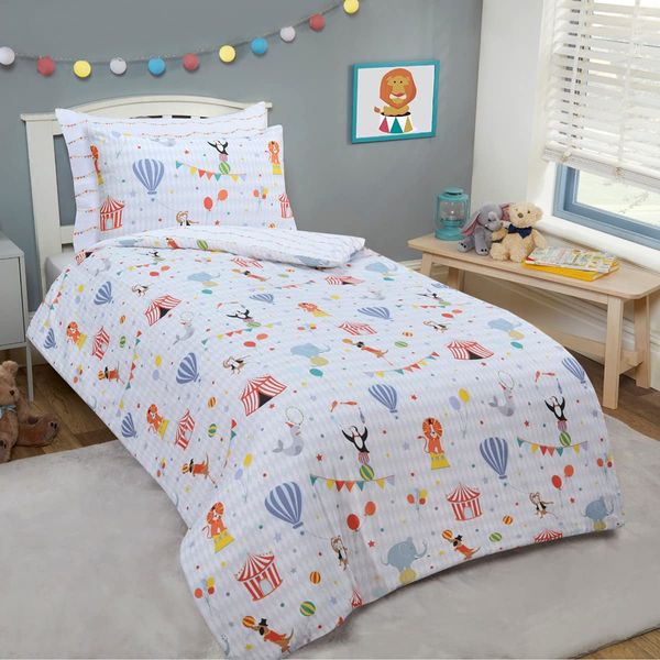 Sleepdown Kids Childrens Circus Lions Monkeys Penguins Stars White Reversible Soft Easy Care Duvet Cover Quilt Bedding Set with Pillowcase-Single (135cm x 200cm), Polyester