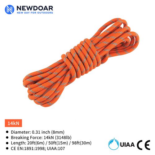 NewDoar Static Climbing Rope 8mm Accessory Cord Rope,for Arborist Tree, Mountaineering, Sailboat Rope,Dock Lines,Hauling Dragginge(Orange 8mm,50FT)