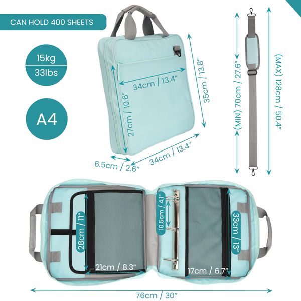 Belle Vous 3-Ring Zipper Binder with Shoulder Strap - Multi-Pocket Organiser with Handle - 400 Sheet Capacity Folder for School/11-Inch Tablet - Blue