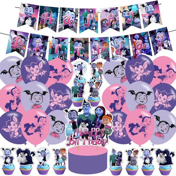 Vampirina Birthday Party Decoration,Vampirina Girl Include Kids Vampirina Theme Birthday Banner, Cake Topper, Latex Balloons for Fans Birthday Party Supplies