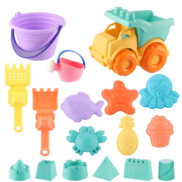 MIFXIN Kids Beach Toys Toddlers Boys Girls Sand Toys Set 17 Pcs with Sand Truck Bucket Shovels Rakes Beach Castle Molds Water Can Soft Plastic