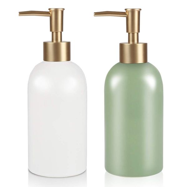 Natheeph 2PC 14OZ Ceramic Soap Dispenser Ceramic Soap Pump Dispenser Can Fill Liquid for Bathroom/Kitchen (White + Green)