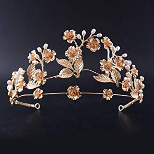 FXmimior Vintage Gold Flower Leaf Bead Bridal Wedding Crown Headband Women Crystal Tiara Headpiece Wedding Hair Accessories