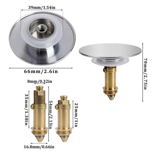 Pop Up Click Clack Plug 66mm Solid Brass Universal Basin Pop-up Drain Stopper Push Sink for Kitchen Bathtub Bathroom Basins Plugs Replacement (1Pcs)