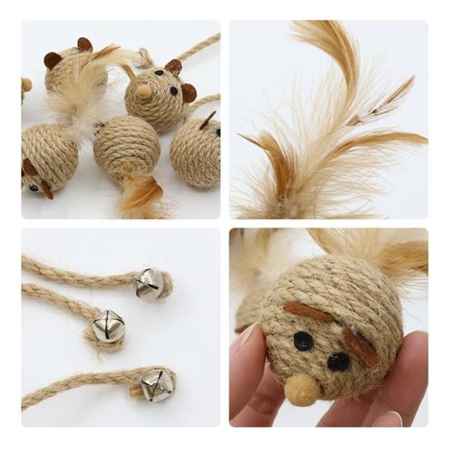 Honyge 6Pcs Natural Sisal Toys for Cats,Sisal Balls Mice Toys with Rattling Sound for teractive Cat Scratcher Chew Toy with Cute Mouse Toy for Kitten Kicker