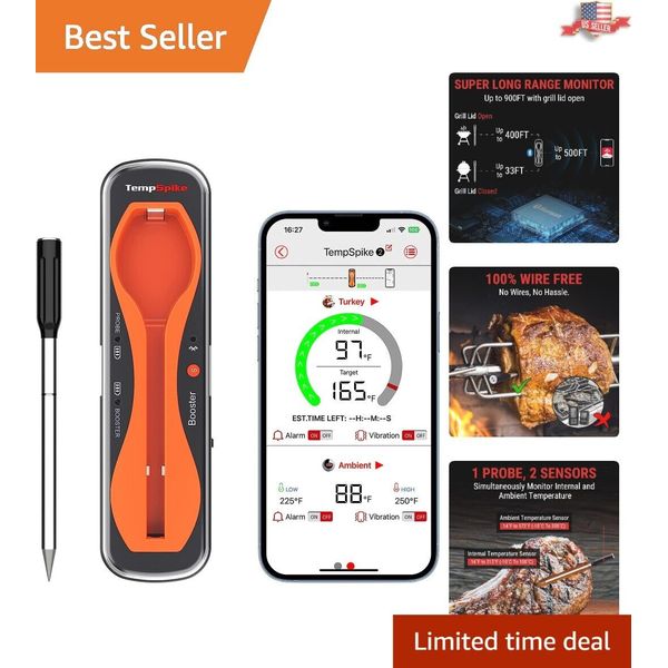 Bluetooth Meat Thermometer - 500ft Range, 1 Probe & 2 Sensors, Easy-to-Use App